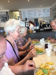 Cedar Lodge residents enjoying fish & chips in Honiton