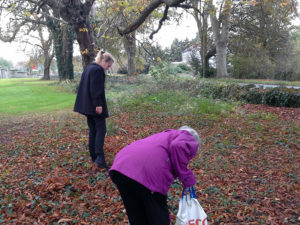 Resident picking fallen leaves with Activities assistant, Caroline