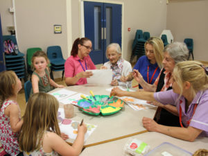Little Pips children, Room supervisor - Lorainne Gill, residents - Georgie & Pam, Activities- Emma and Care Assistant - Caroline, all getting involved with painting