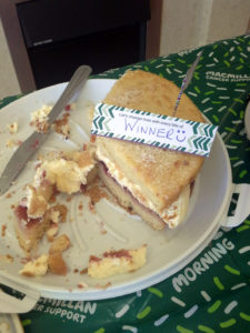 Immacolata house Care home domestic assistant, Ben's winning victoria sponge cake for Macmillan coffee morning